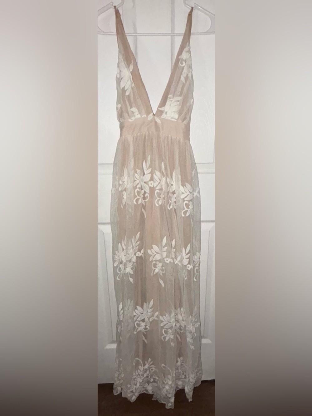 V-Neck Nude Maxi Dress with White Floral Applique